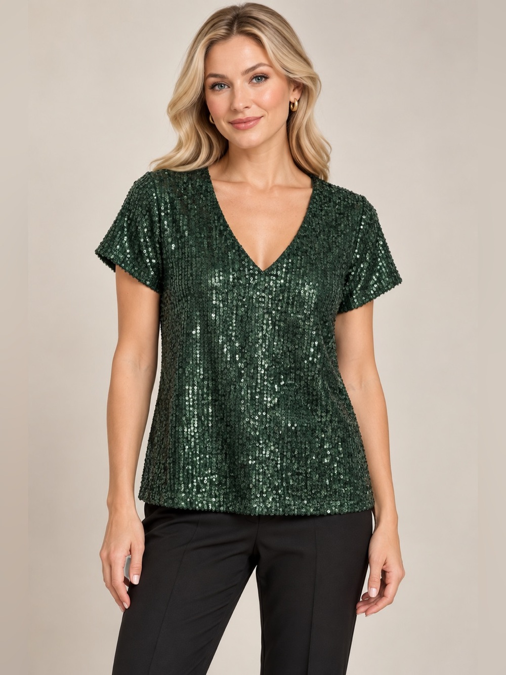 Jude Connally Green Sequin Top Womens V Neck Short Sleeve Lined Holiday Party NW